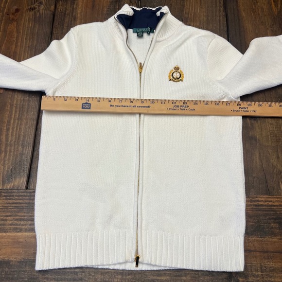 Lauren Ralph Lauren Womens White knit Zip Up Sweater Crest Logo Collar Size M - Picture 5 of 6